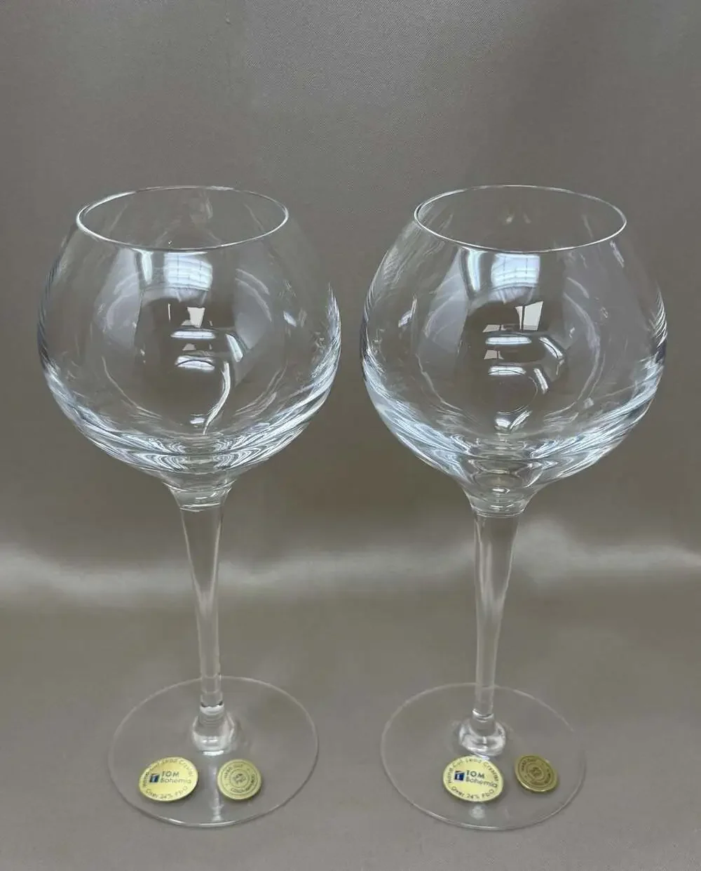 TOM Bohemia 24% Lead Crystal Wine Goblets Pair 9.75” Hand Cut Czech Labels